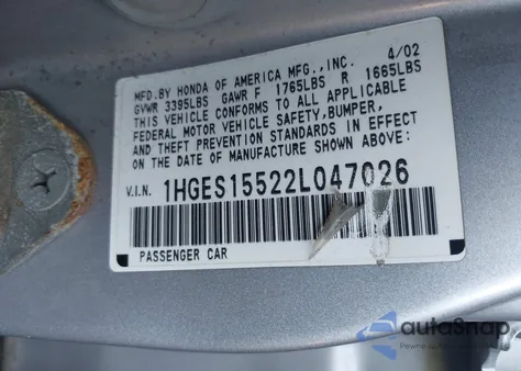 2002 Honda Civic Lx z USA, uszkodzony, nr VIN 1HGES15522L047026